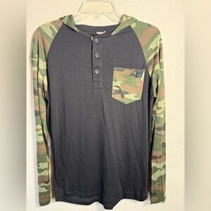 Moonshine Bamboo Blend Camo Henley Hoodie Long Sleeve Top Size M